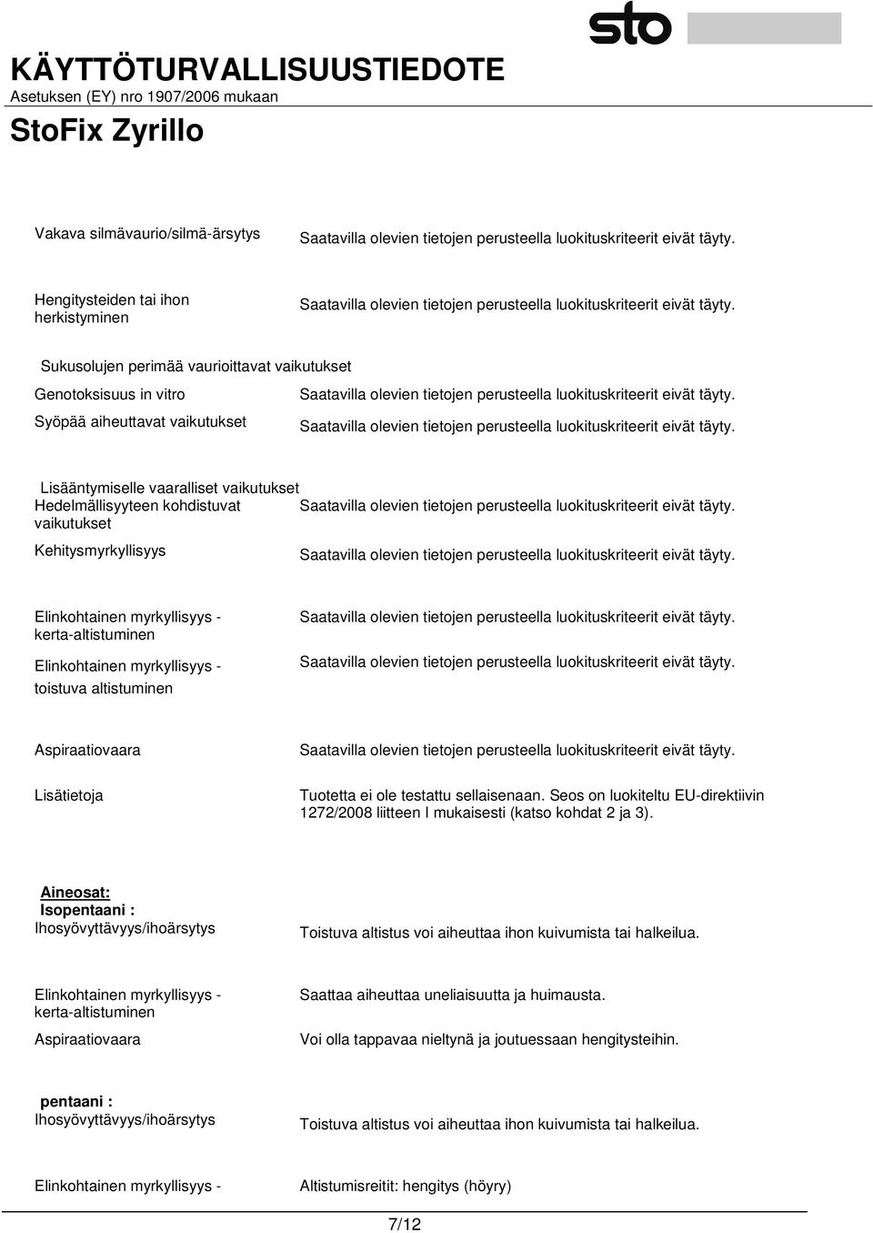 Lisätietoja Tuotetta ei ole testattu sellaisenaan. Seos on luokiteltu EU-direktiivin 1272/2008 liitteen I mukaisesti (katso kohdat 2 ja 3).