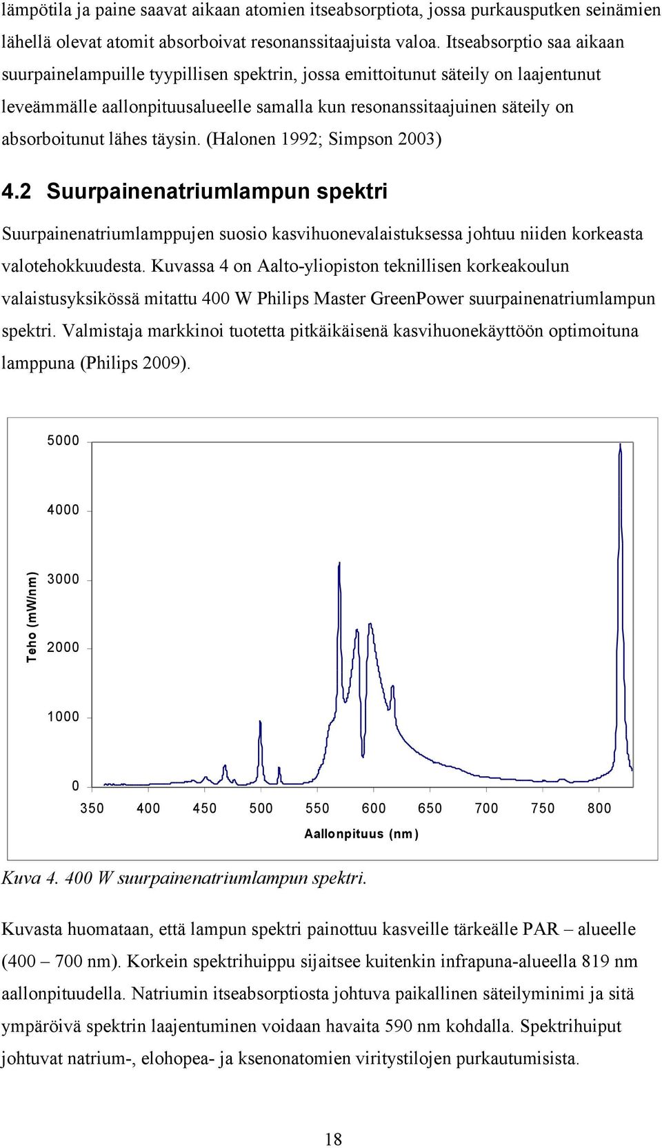 lähes täysin. (Halonen 1992; Simpson 2003) 4.2 Suurpainenatriumlampun spektri Suurpainenatriumlamppujen suosio kasvihuonevalaistuksessa johtuu niiden korkeasta valotehokkuudesta.