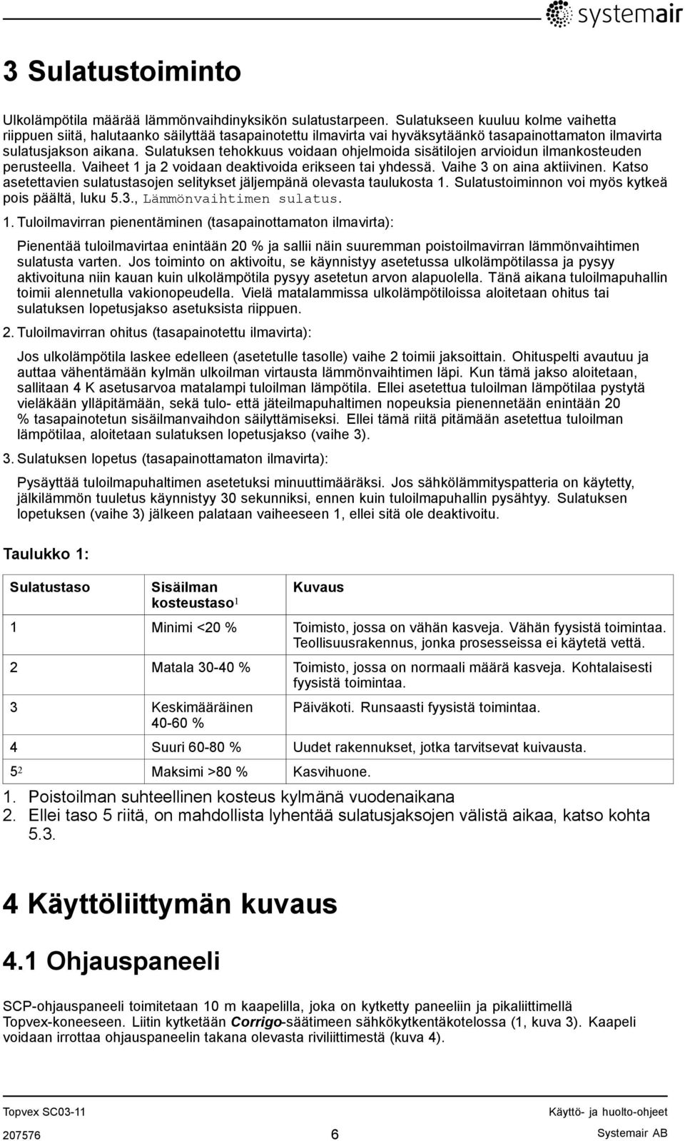 Sulatuksen tehokkuus voidaan ohjelmoida sisätilojen arvioidun ilmankosteuden perusteella. Vaiheet 1 ja 2 voidaan deaktivoida erikseen tai yhdessä. Vaihe 3 on aina aktiivinen.