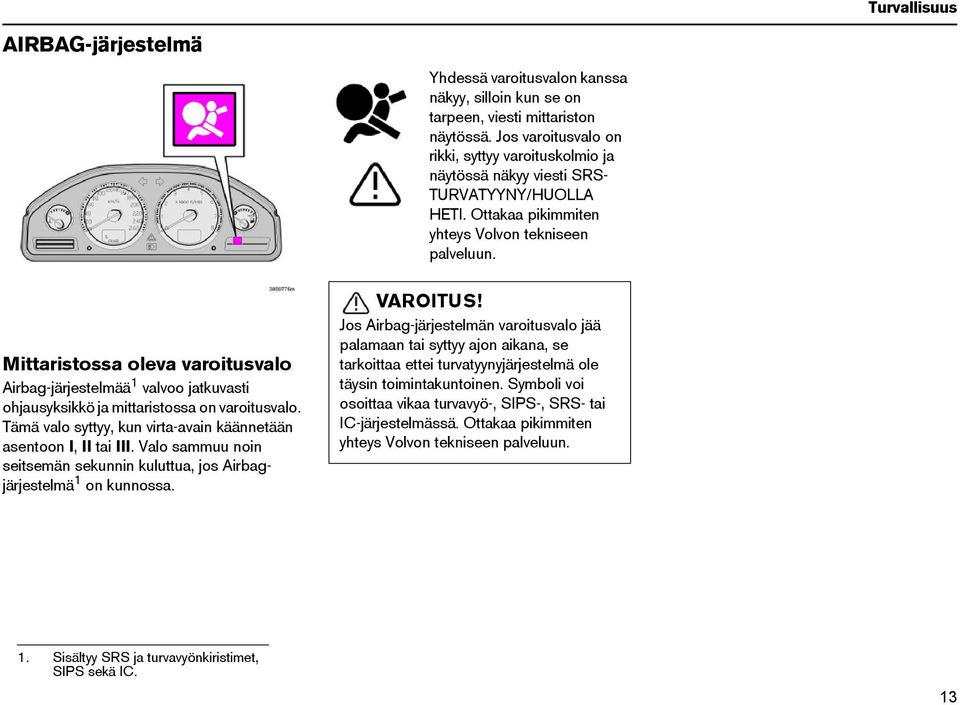 Mittaristossa oleva varoitusvalo Airbag-järjestelmää 1 valvoo jatkuvasti ohjausyksikkö ja mittaristossa on varoitusvalo. Tämä valo syttyy, kun virta-avain käännetään asentoon I, II tai III.