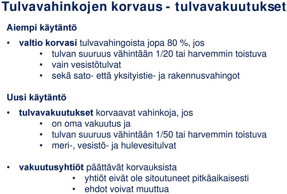 tulvavakuutukset korvaavat vahinkoja, jos on oma vakuutus ja tulvan suuruus vähintään 1/50 tai harvemmin toistuva meri-,