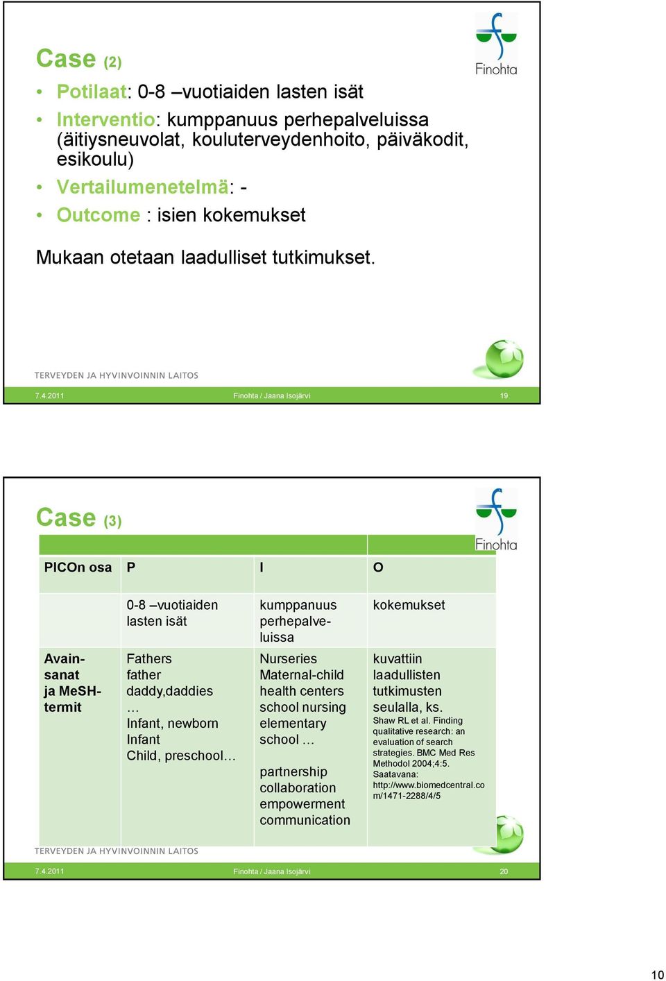 2011 Finohta / Jaana Isojärvi 19 Case (3) PICOn osa P I O 0-8 vuotiaiden lasten isät kumppanuus perhepalveluissa kokemukset Avainsanat ja MeSHtermit Fathers father daddy,daddies Infant, newborn