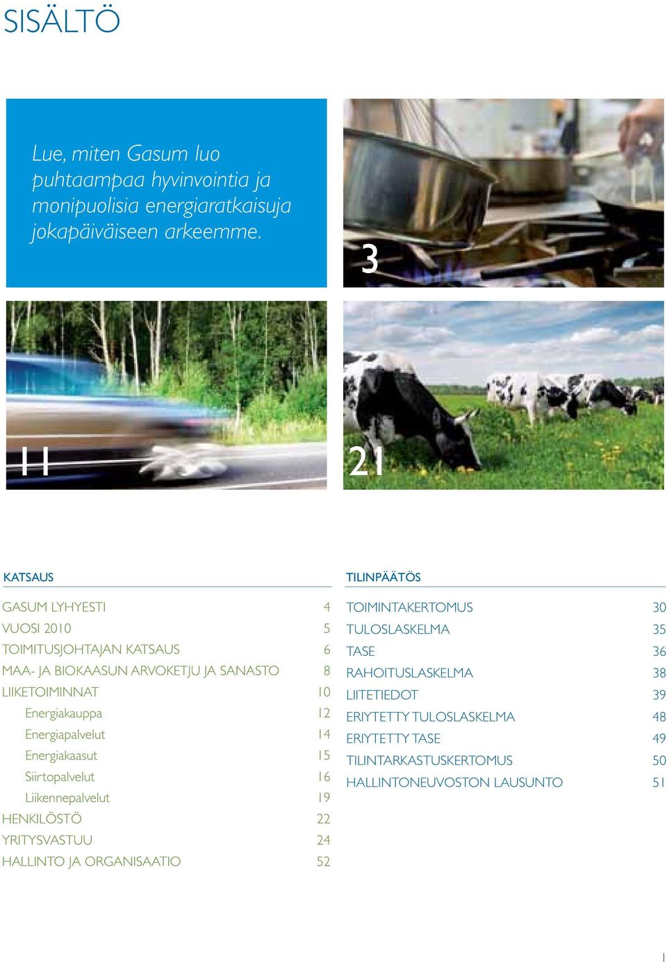 12 Energiapalvelut 14 Energiakaasut 15 Siirtopalvelut 16 Liikennepalvelut 19 HENKILÖSTÖ 22 YRITYSVASTUU 24 HALLINTO JA ORGANISAATIO 52 TILINPÄÄTÖS