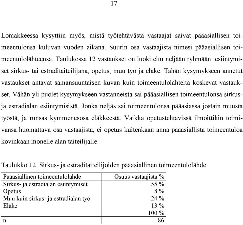 Tähän kysymykseen annetut vastaukset antavat samansuuntaisen kuvan kuin toimeentulolähteitä koskevat vastaukset.