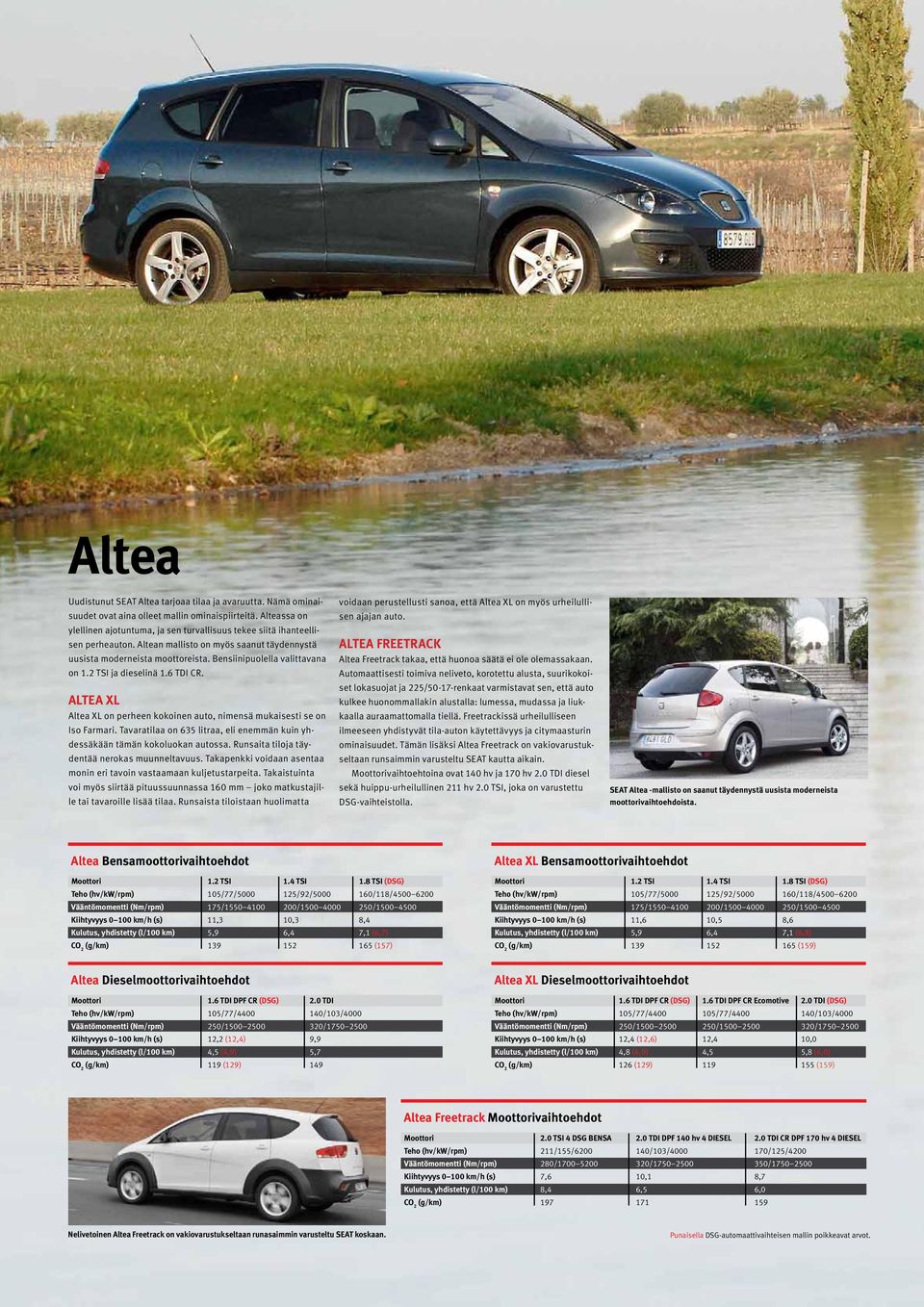 Bensiinipuolella valittavana on 1.2 TSI ja dieselinä 1.6 TDI CR. ALTEA XL Altea XL on perheen kokoinen auto, nimensä mukaisesti se on Iso Farmari.