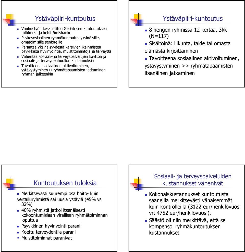 aktivoituminen, ystävystyminen ryhmätapaamisten jatkuminen ryhmän jälkeenkin Ystäväpiiri-kuntoutus 8 hengen ryhmissä 12 kertaa, 3kk (N=117) Sisältöinä: liikunta, taide tai omasta elämästä