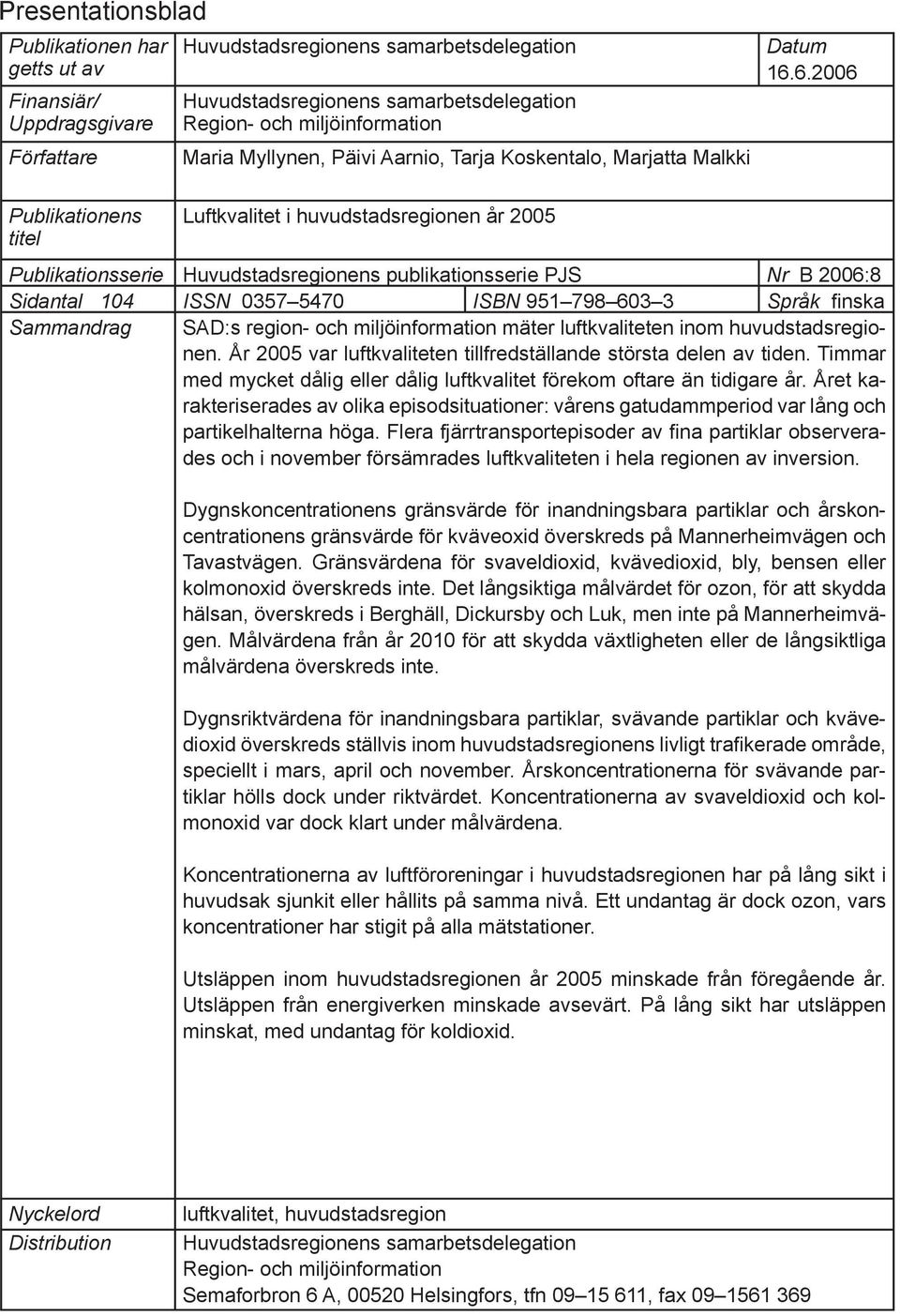 6.26 Publikationens Luftkvalitet i huvudstadsregionen år 25 titel Publikationsserie Huvudstadsregionens publikationsserie PJS Nr B 26:8 Sidantal 14 ISSN 357 547 ISBN 951 798 63 3 Språk fi nska