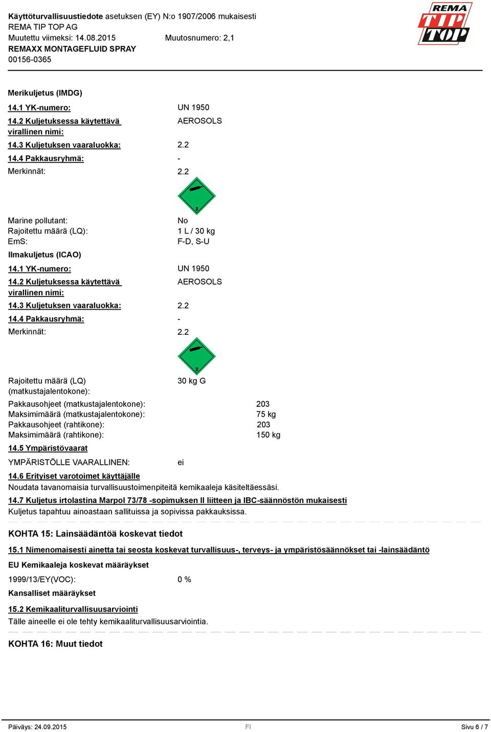 (rahtikone): 14.5 Ympäristövaarat YMPÄRISTÖLLE VAARALLINEN: 30 kg G ei 203 75 kg 203 150 kg 14.