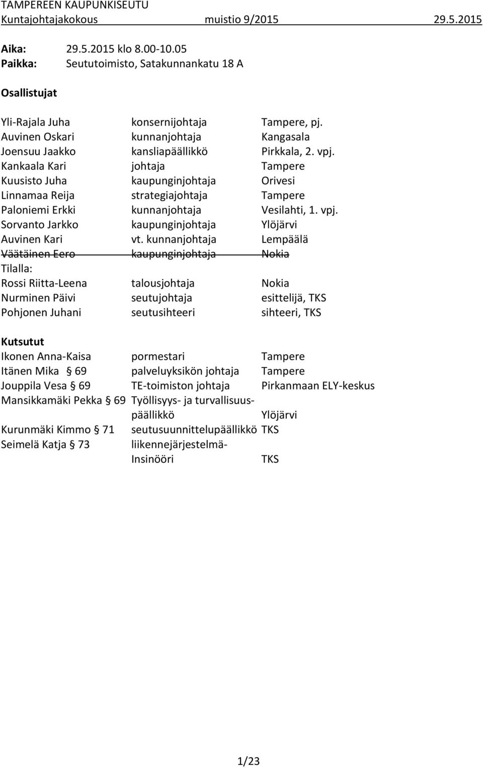 Kankaala Kari johtaja Tampere Kuusisto Juha kaupunginjohtaja Orivesi Linnamaa Reija strategiajohtaja Tampere Paloniemi Erkki kunnanjohtaja Vesilahti, 1. vpj.