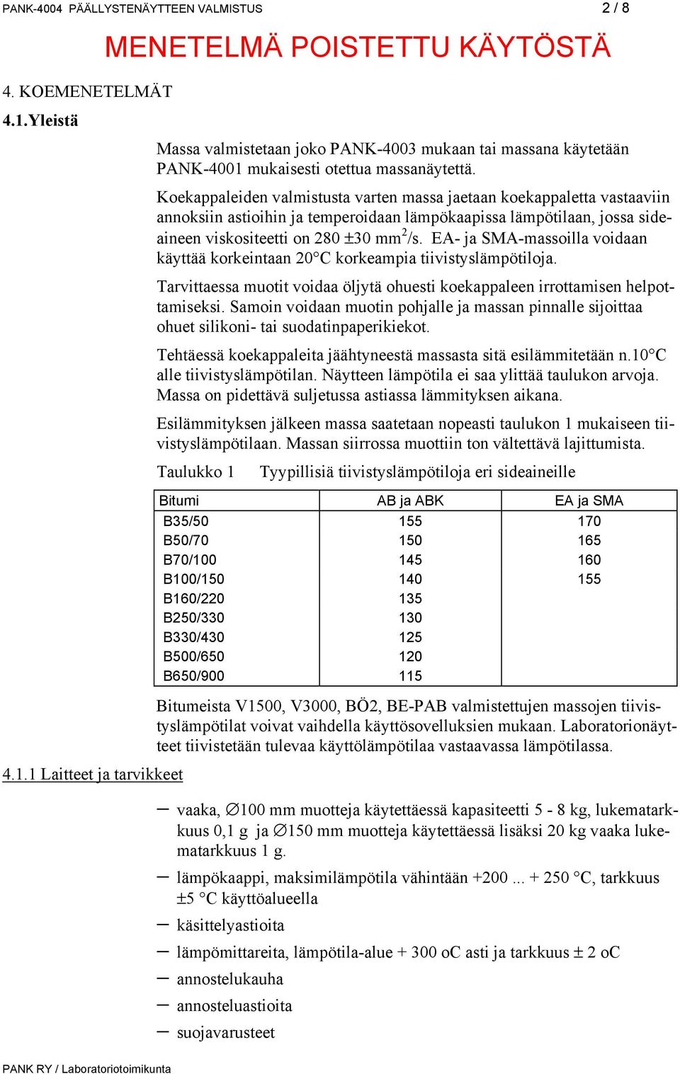 mukaisesti otettua massanäytettä. 4.1.