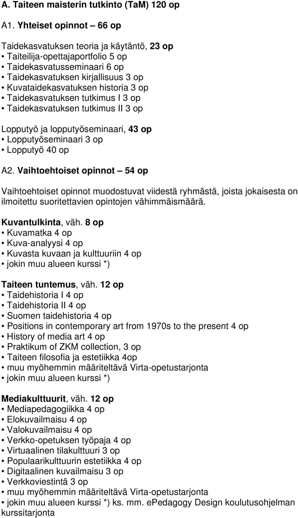Taidekasvatuksen tutkimus I 3 op Taidekasvatuksen tutkimus II 3 op Lopputyö ja lopputyöseminaari, 43 op Lopputyöseminaari 3 op Lopputyö 40 op A2.