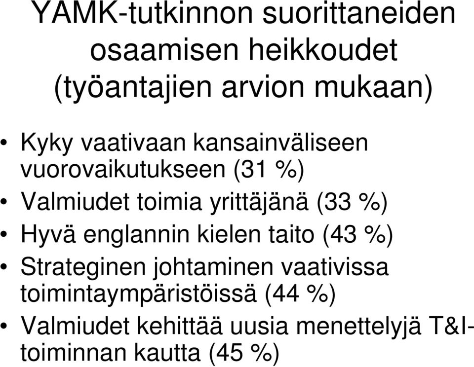 yrittäjänä (33 %) Hyvä englannin kielen taito (43 %) Strateginen johtaminen