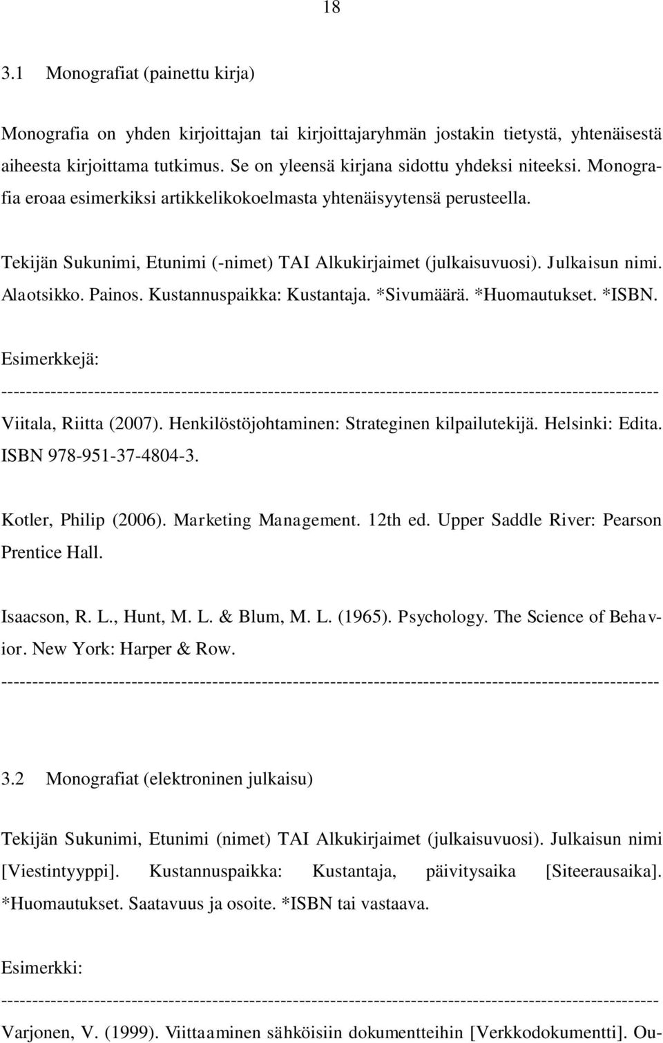 Julkaisun nimi. Alaotsikko. Painos. Kustannuspaikka: Kustantaja. *Sivumäärä. *Huomautukset. *ISBN. Esimerkkejä: Viitala, Riitta (2007). Henkilöstöjohtaminen: Strateginen kilpailutekijä.