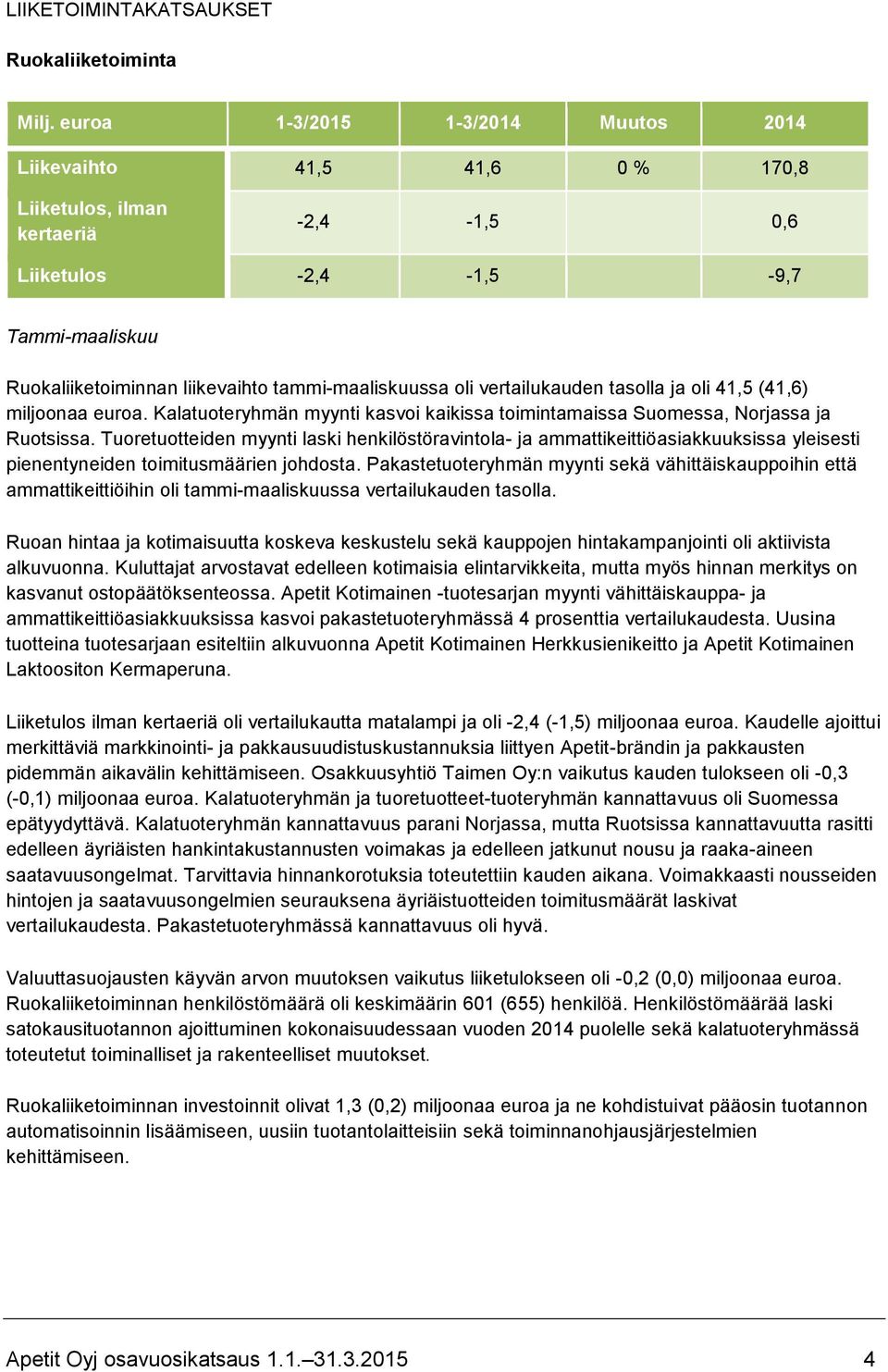 oli vertailukauden tasolla ja oli 41,5 (41,6) miljoonaa euroa. Kalatuoteryhmän myynti kasvoi kaikissa toimintamaissa Suomessa, Norjassa ja Ruotsissa.