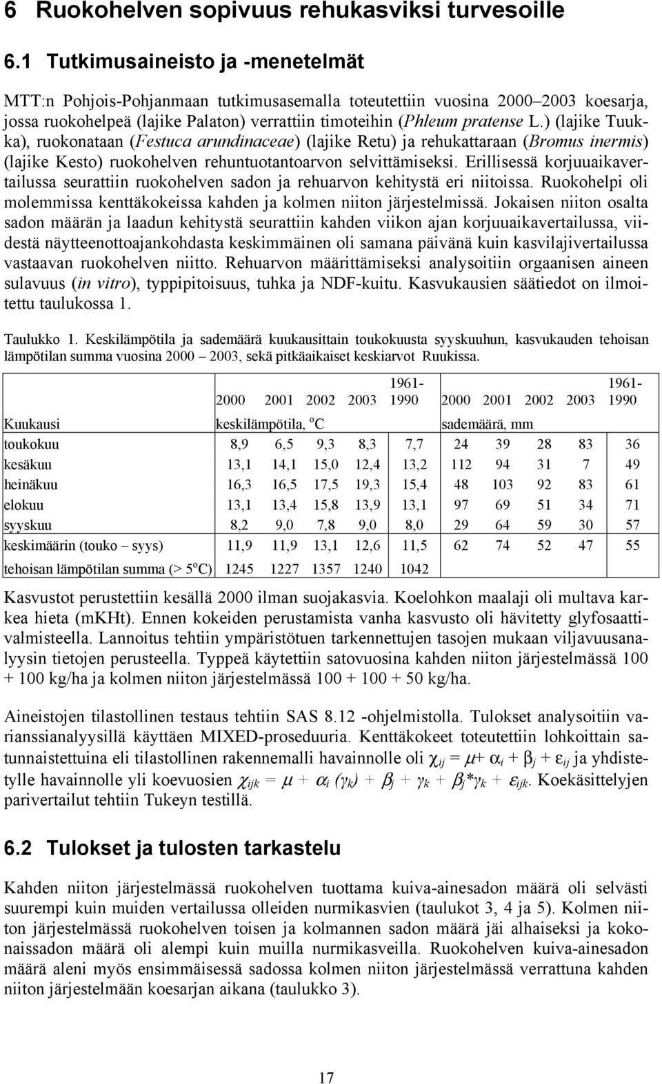 ) (lajike Tuukka), ruokonataan (Festuca arundinaceae) (lajike Retu) ja rehukattaraan (Bromus inermis) (lajike Kesto) ruokohelven rehuntuotantoarvon selvittämiseksi.