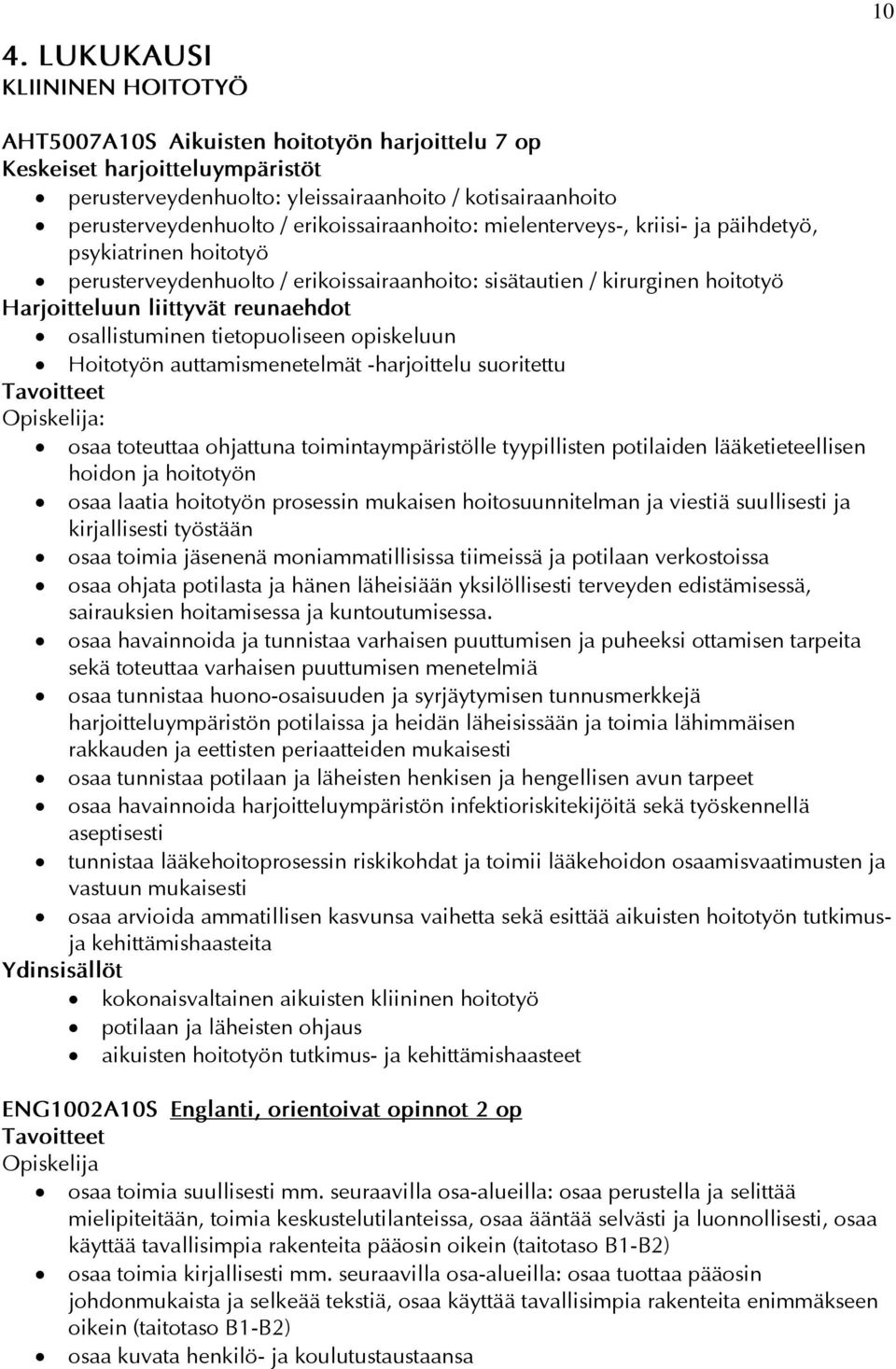 osallistuminen tietopuoliseen opiskeluun Hoitotyön auttamismenetelmät -harjoittelu suoritettu : osaa toteuttaa ohjattuna toimintaympäristölle tyypillisten potilaiden lääketieteellisen hoidon ja