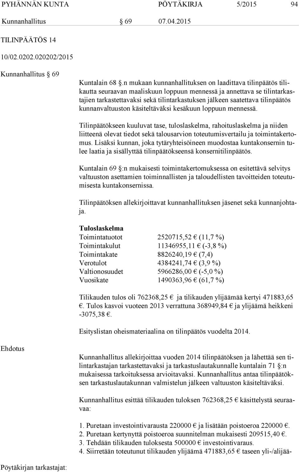 saatettava tilinpäätös kun nan val tuus ton käsiteltäväksi kesäkuun loppuun mennessä.