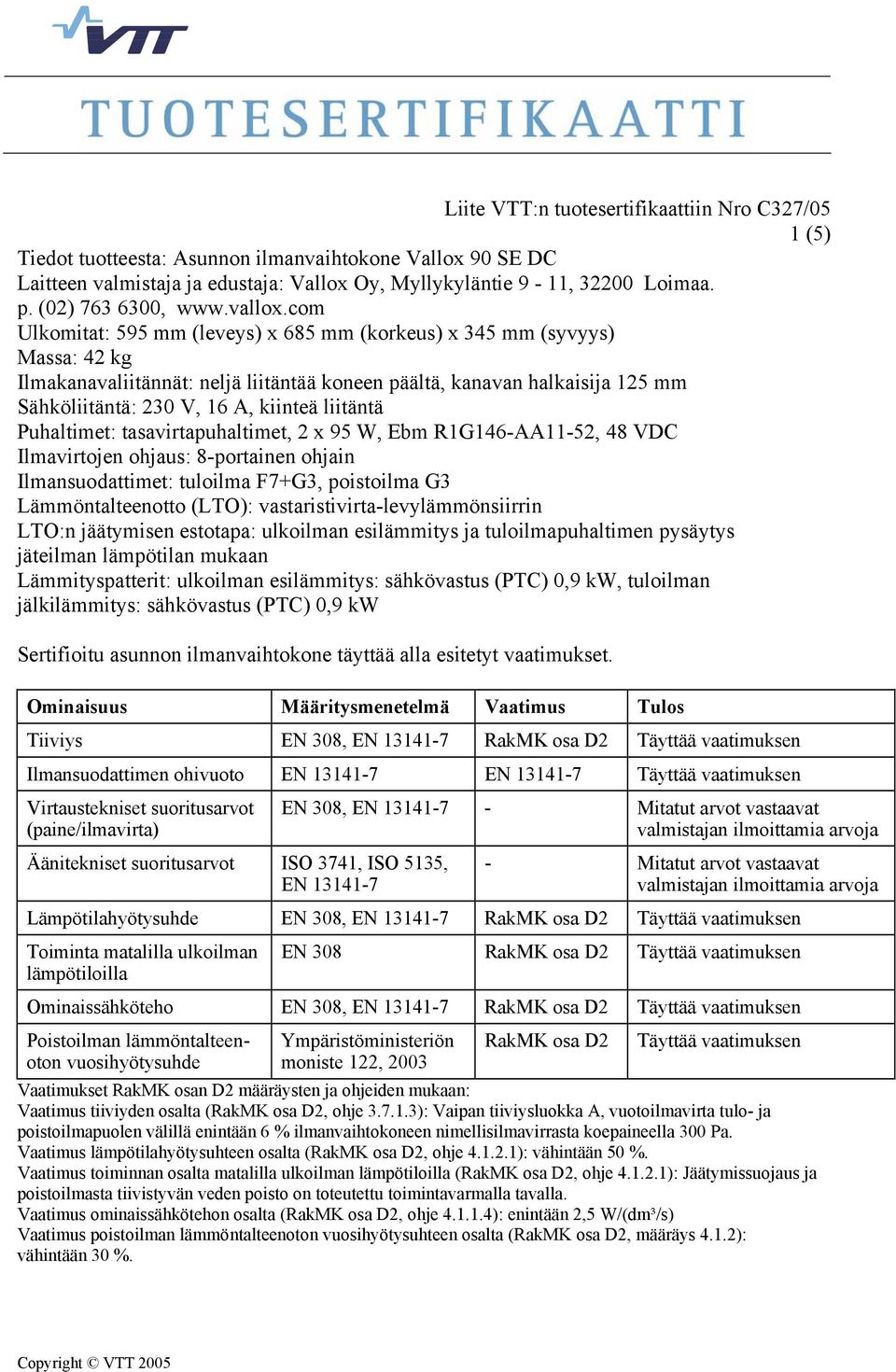 liitäntä Puhaltimet: tasavirtapuhaltimet, 2 x 95 W, Ebm R1G146-AA11-52, 48 VD Ilmavirtojen ohjaus: 8-portainen ohjain Ilmansuodattimet: tuloilma F7+G3, poistoilma G3 Lämmöntalteenotto (LTO):