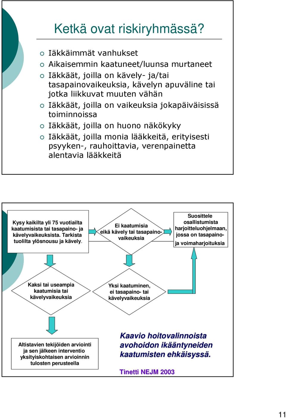 jokapäiväisissä toiminnoissa Iäkkäät, joilla on huono näkökyky Iäkkäät, joilla monia lääkkeitä, erityisesti psyyken-, rauhoittavia, verenpainetta alentavia lääkkeitä Kysy kaikilta yli 75 vuotiailta