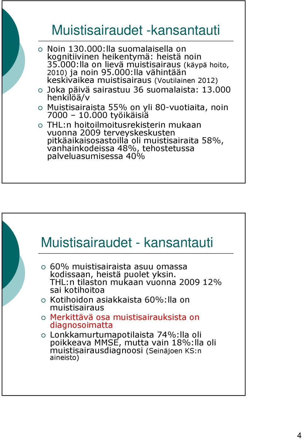 000 työikäisiä THL:n hoitoilmoitusrekisterin mukaan vuonna 2009 terveyskeskusten pitkäaikaisosastoilla oli muistisairaita 58%, vanhainkodeissa 48%, tehostetussa palveluasumisessa 40% Muistisairaudet