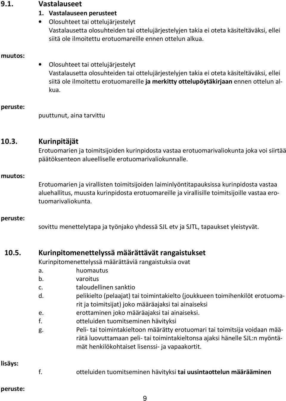 Olosuhteet tai ottelujärjestelyt Vastalausetta olosuhteiden tai ottelujärjestelyjen takia ei oteta käsiteltäväksi, ellei siitä ole ilmoitettu erotuomareille ja merkitty ottelupöytäkirjaan ennen