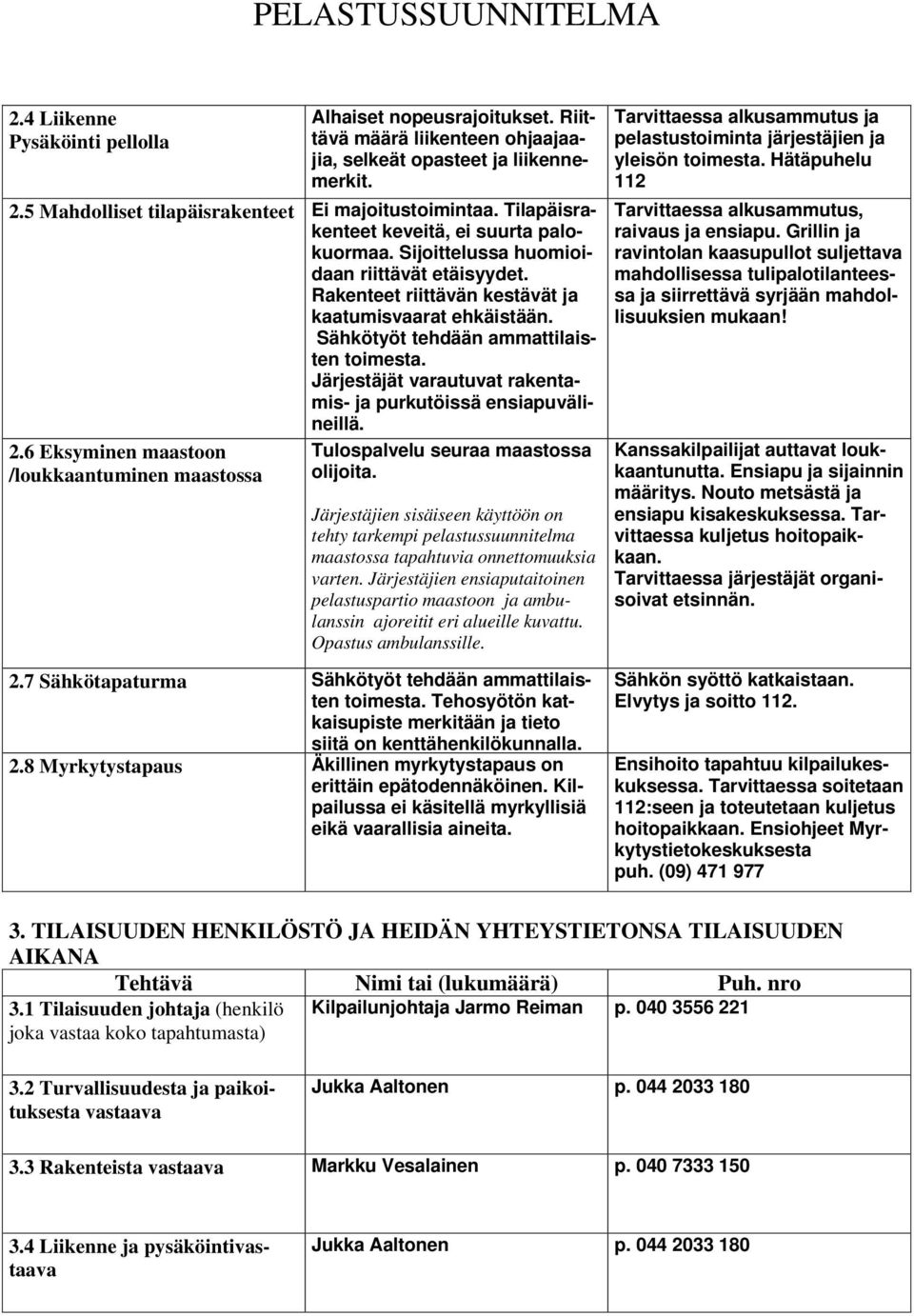 Järjestäjät varautuvat rakentamis- ja purkutöissä ensiapuvälineillä. 2.6 Eksyminen maastoon /loukkaantuminen maastossa Tulospalvelu seuraa maastossa olijoita.