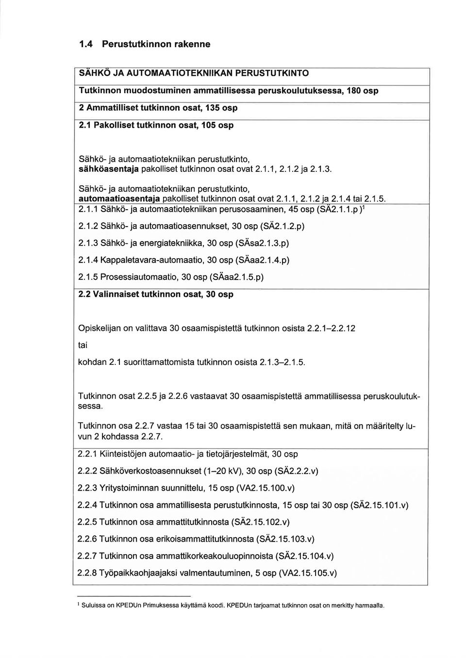 Sähkö- j utomtiotekniikn perustutkinto, utomtiosentj pkolliset tutkinnon ost ovt 2.1.1, 2.1.2 i 2.1.4 ti 2.1.5 2.1.1 Sähkö- j utomtiotekniikn perusosminen, 45 osp (S42.1.1.p )' 2.1.2 Sähkö- j utomtiosennukset, 30 osp (SÄ2.