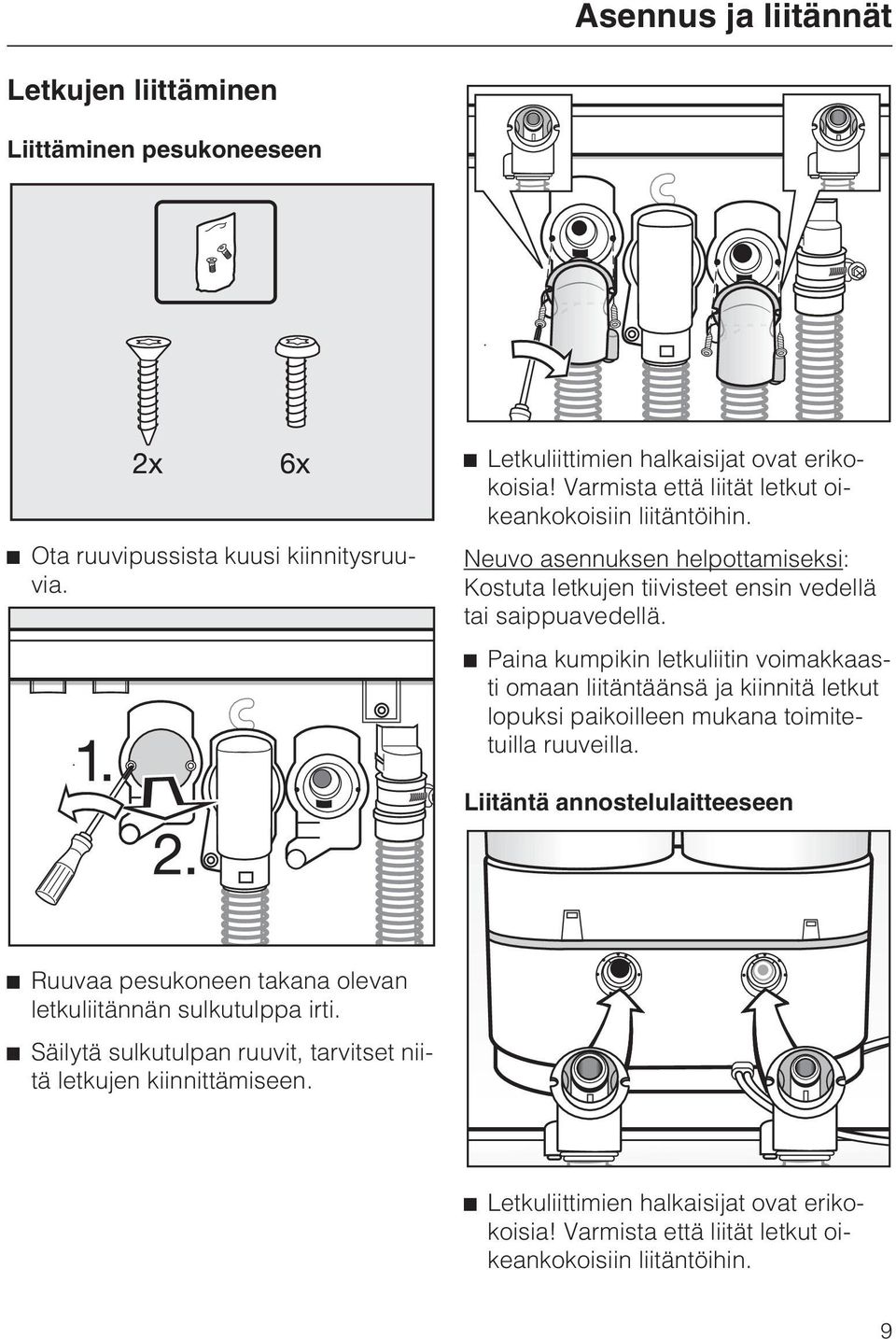 Paina kumpikin letkuliitin voimakkaasti omaan liitäntäänsä ja kiinnitä letkut lopuksi paikoilleen mukana toimitetuilla ruuveilla.