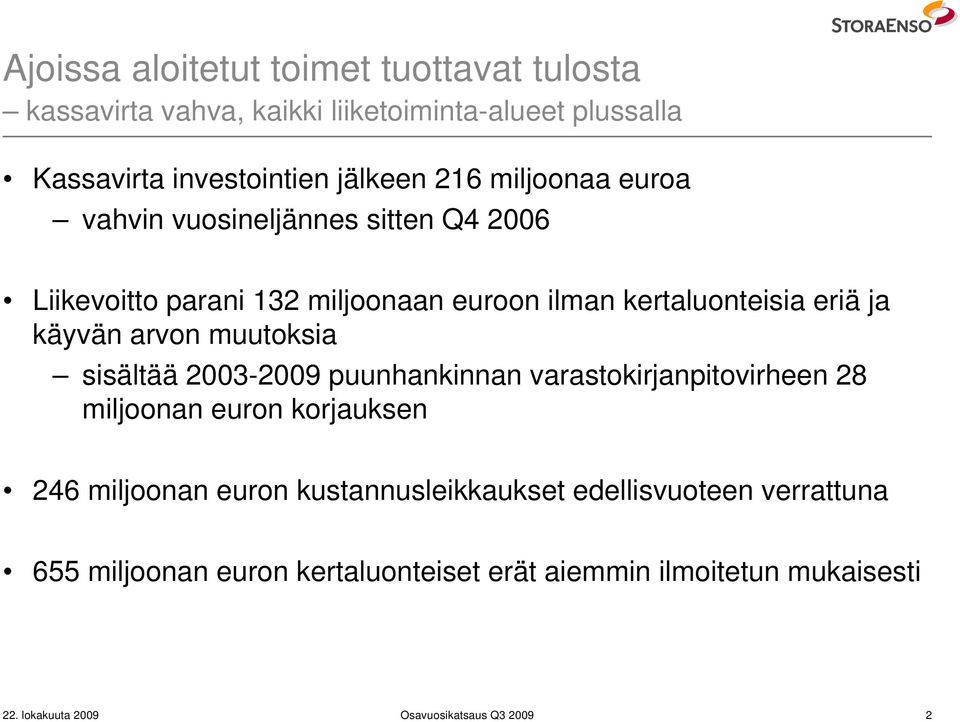 muutoksia sisältää 2003-2009 puunhankinnan varastokirjanpitovirheen 28 miljoonan euron korjauksen 246 miljoonan euron kustannusleikkaukset