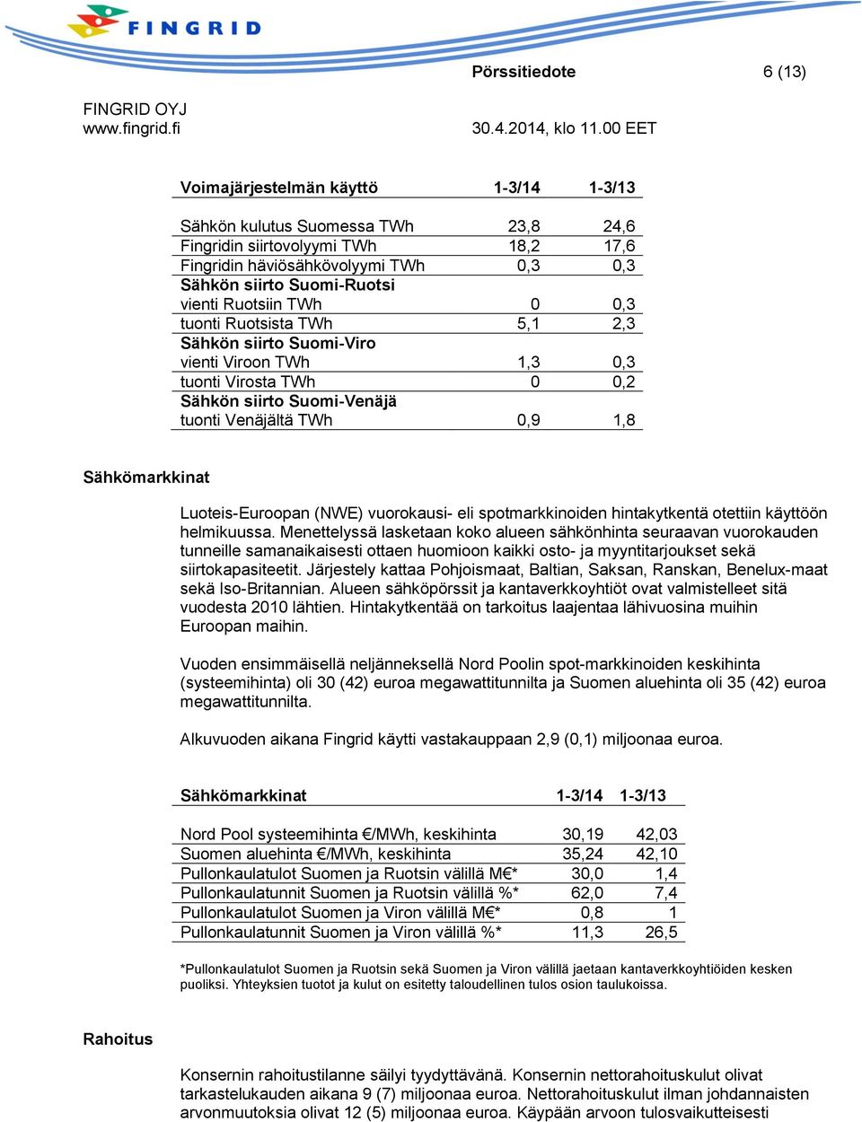 Sähkömarkkinat Luoteis-Euroopan (NWE) vuorokausi- eli spotmarkkinoiden hintakytkentä otettiin käyttöön helmikuussa.