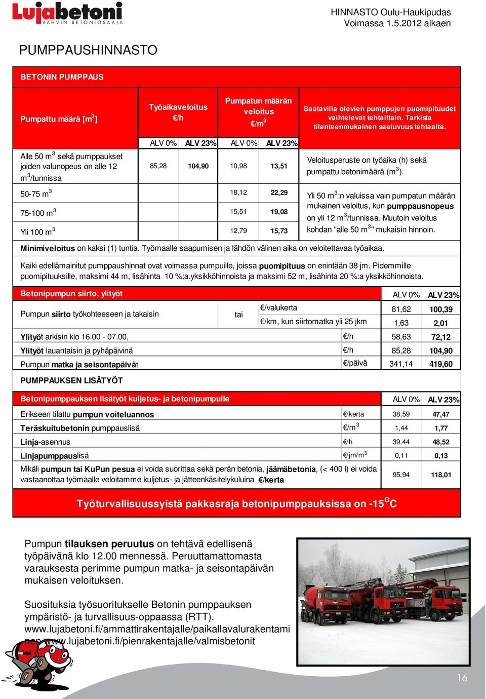 Alle 50 m 3 sekä pumppaukset joiden valunopeus on alle 12 m 3 /tunnissa 85,28 104,90 10,98 13,51 Veloitusperuste on työaika (h) sekä pumpattu betonimäärä (m 3 ).