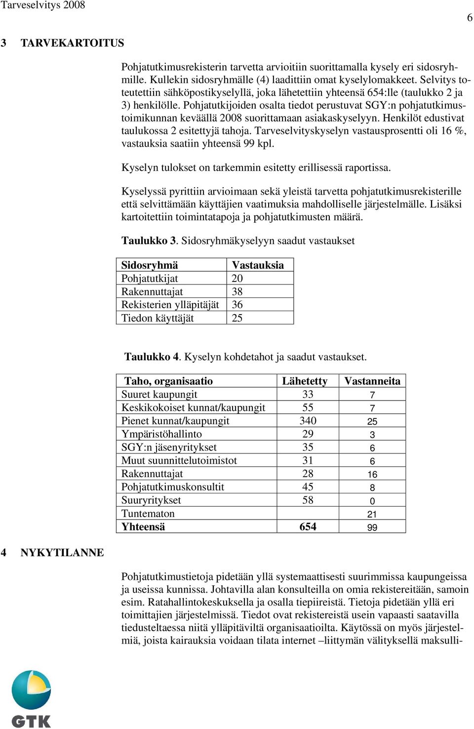 Pohjatutkijoiden osalta tiedot perustuvat SGY:n pohjatutkimustoimikunnan keväällä 2008 suorittamaan asiakaskyselyyn. Henkilöt edustivat taulukossa 2 esitettyjä tahoja.