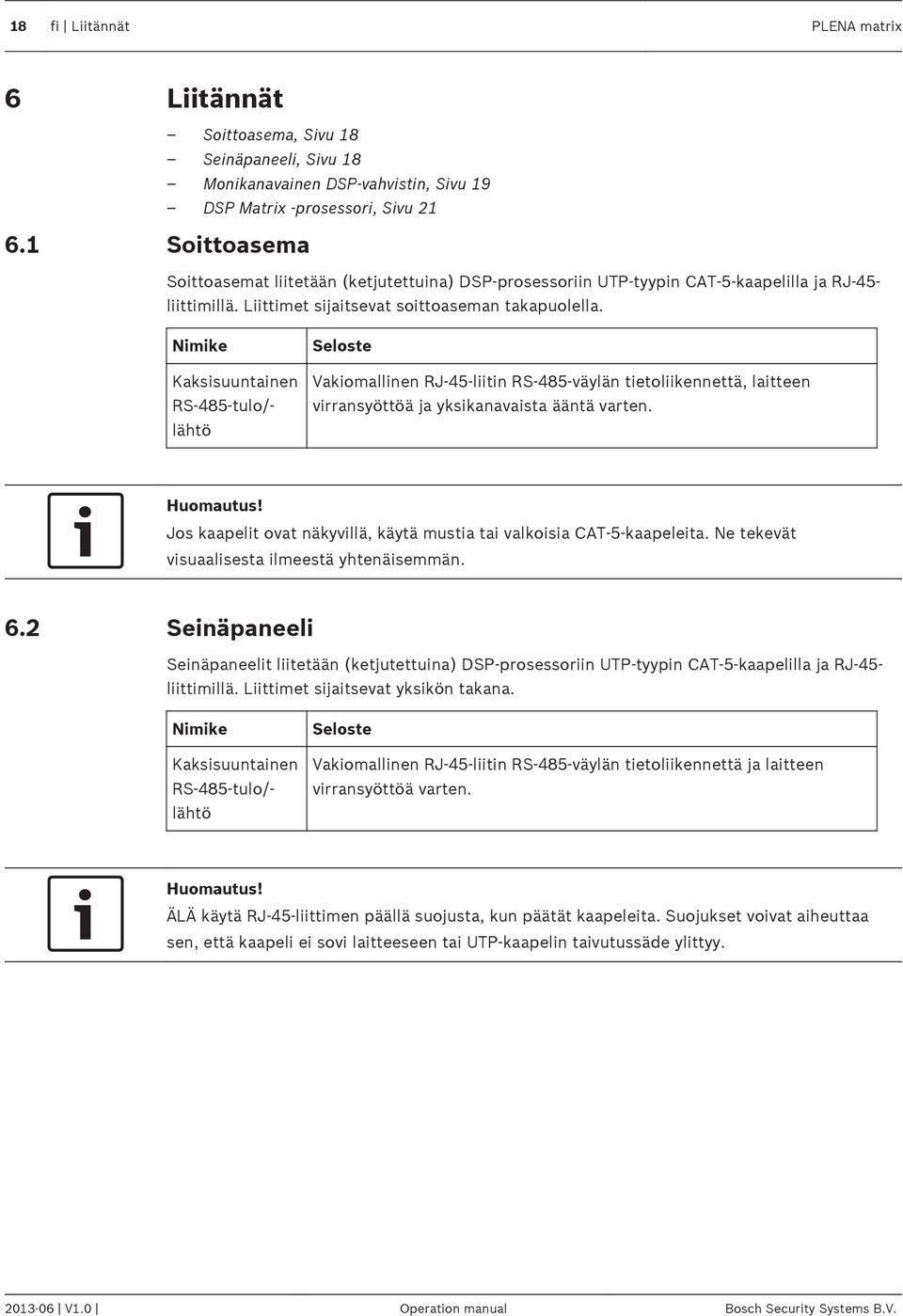 Soittoasemat liitetään (ketjutettuina) DSP-prosessoriin UTP-tyypin CAT-5-kaapelilla ja RJ-45- Nimike Kaksisuuntainen RS-485-tulo/- lähtö Seloste Vakiomallinen RJ-45-liitin RS-485-väylän