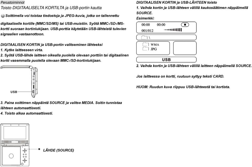 Vaihda kortin ja USB-lähteen välillä kaukosäätimen näppäimellä SOURCE. Esimerkki: DIGITAALISEN KORTIN ja USB-portin valitseminen lähteeksi 1. Kytke laitteeseen virta. 2.