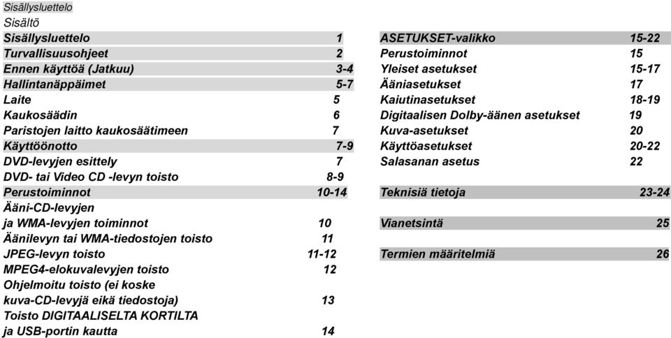 MPEG4-elokuvalevyjen toisto 12 Ohjelmoitu toisto (ei koske kuva-cd-levyjä eikä tiedostoja) 13 Toisto DIGITAALISELTA KORTILTA ja USB-portin kautta 14 ASETUKSET-valikko 15-22 Perustoiminnot 15