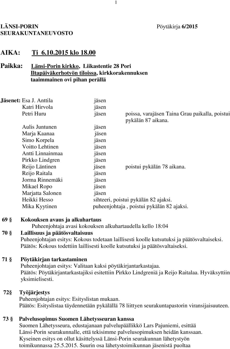 Anttila Katri Hirvola Petri Huru poissa, vara Taina Grau paikalla, poistui pykälän 87 aikana.