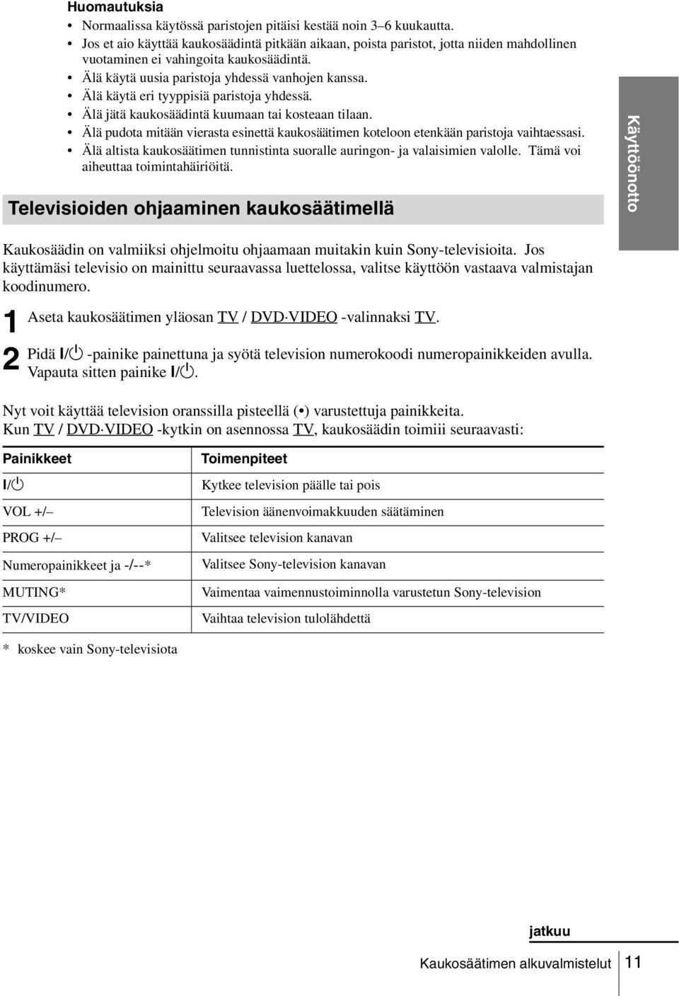 Älä käytä eri tyyppisiä paristoja yhdessä. Älä jätä kaukosäädintä kuumaan tai kosteaan tilaan. Älä pudota mitään vierasta esinettä kaukosäätimen koteloon etenkään paristoja vaihtaessasi.