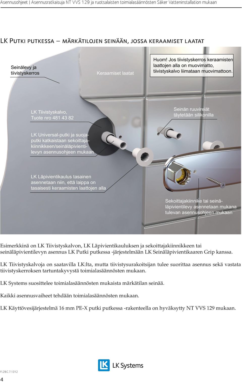 LK Tiivistyskalvo, Tuote nro 481 43 82 Seinän ruuvireiät täytetään silikonilla LK Universal-putki ja suojaputki katkaistaan sekoittajakiinnikkeen/seinäläpivientilevyn asennusohjeen mukaan LK