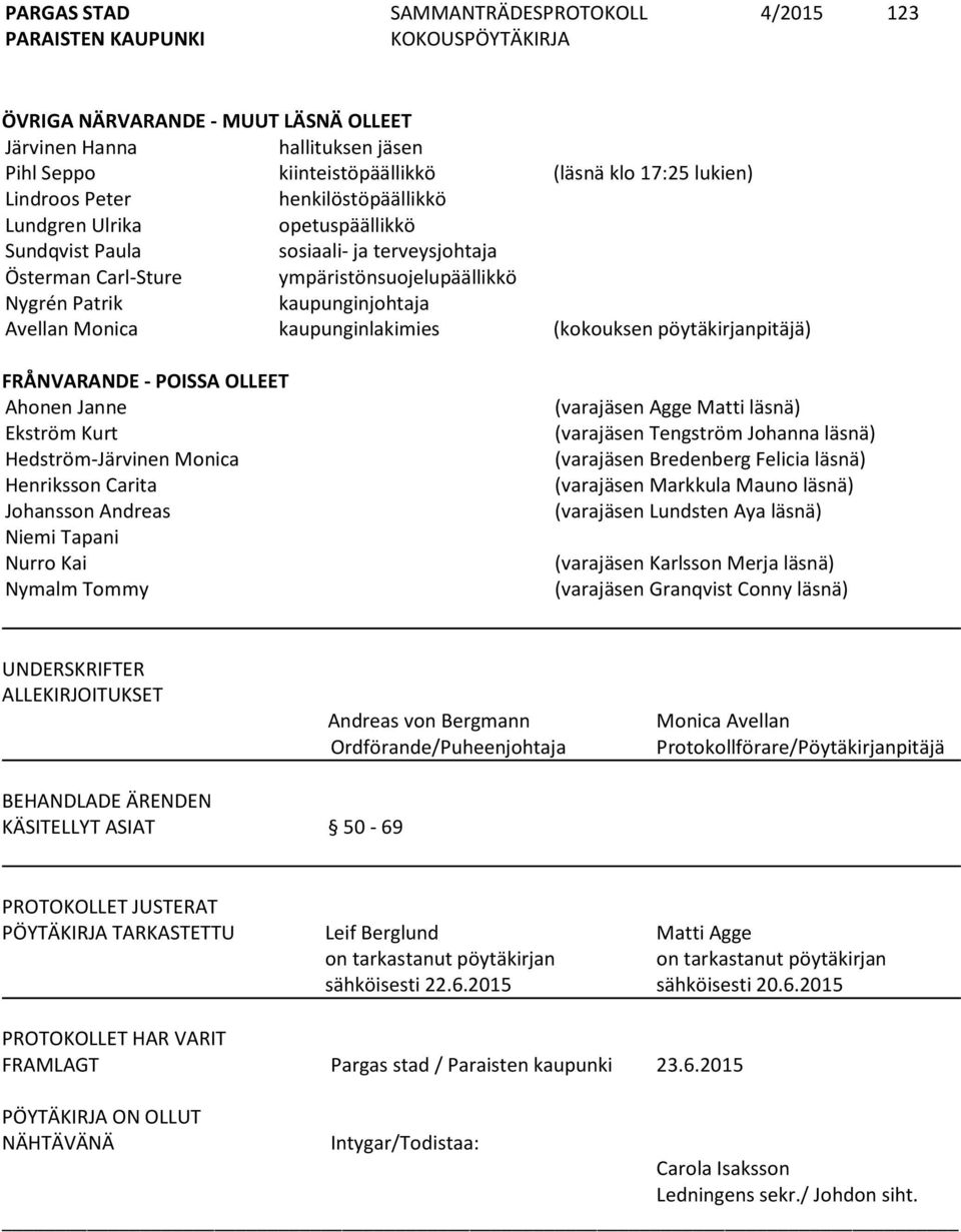 pöytäkirjanpitäjä) FRÅNVARANDE - POISSA OLLEET Ahonen Janne Ekström Kurt Hedström-Järvinen Monica Henriksson Carita Johansson Andreas Niemi Tapani Nurro Kai Nymalm Tommy (varajäsen Agge Matti läsnä)