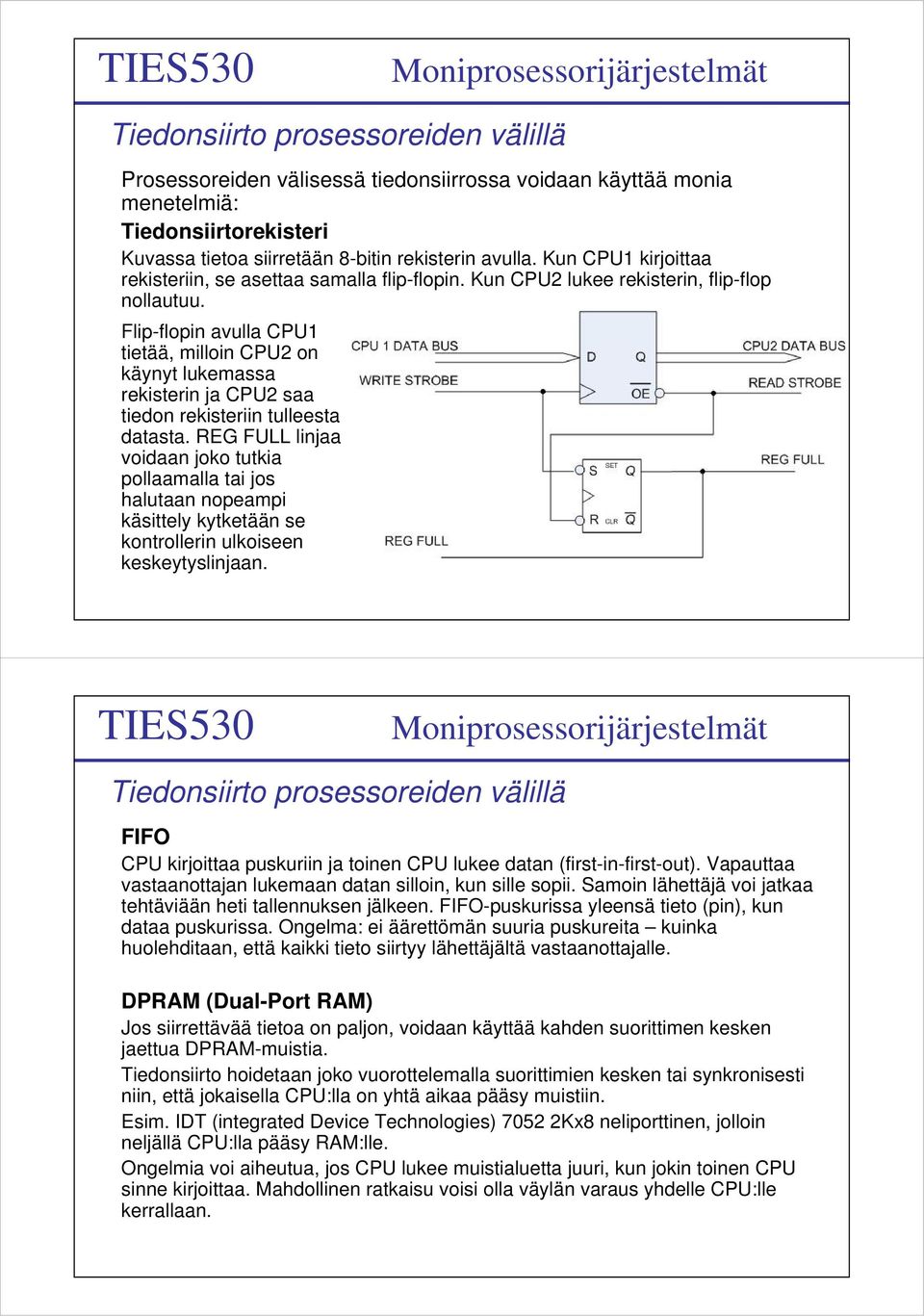 Flip-flopin avulla CPU1 tietää, milloin CPU2 on käynyt lukemassa rekisterin ja CPU2 saa tiedon rekisteriin tulleesta datasta.