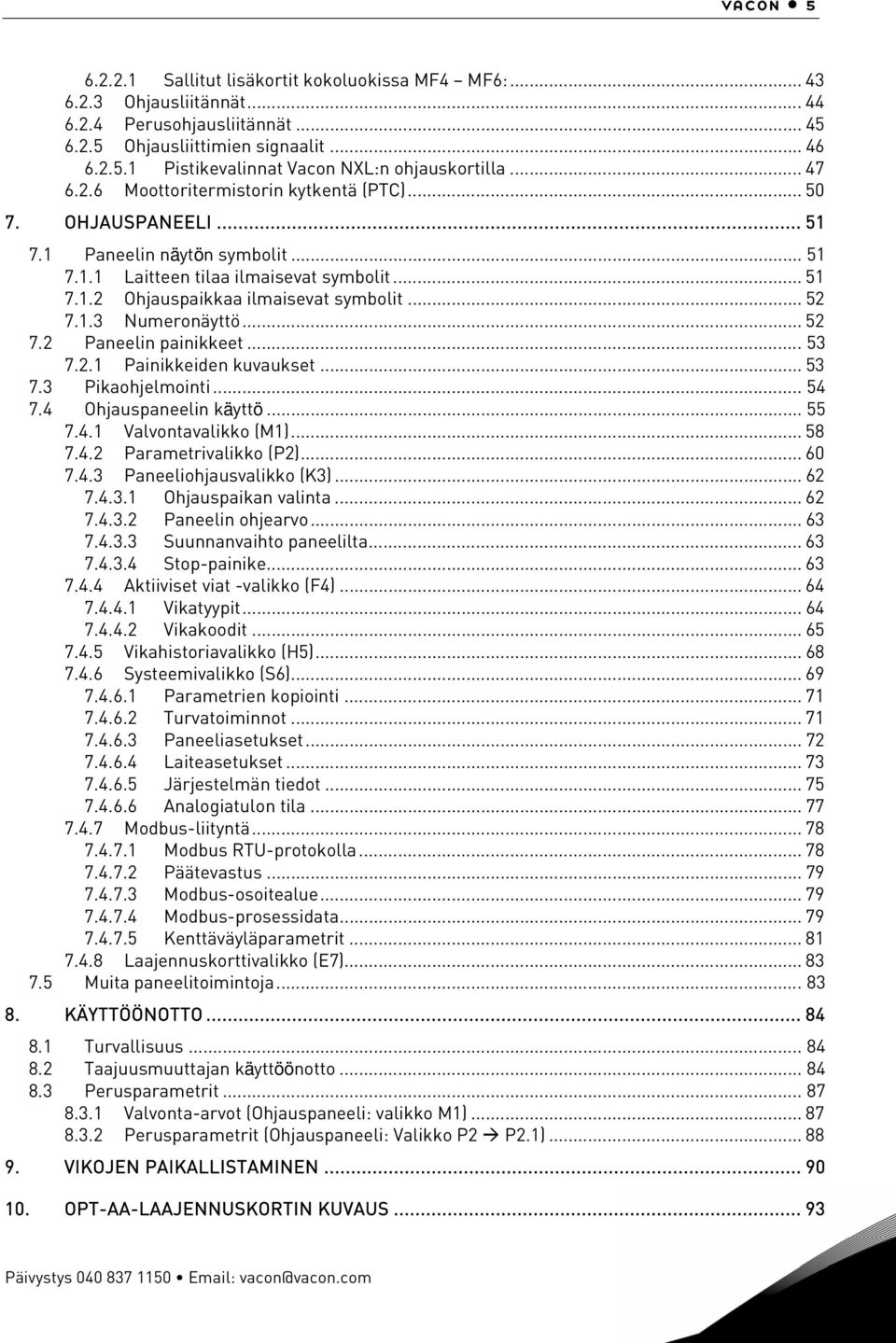 .. 52 7.1.3 Numeronäyttö... 52 7.2 Paneelin painikkeet... 53 7.2.1 Painikkeiden kuvaukset... 53 7.3 Pikaohjelmointi... 54 7.4 Ohjauspaneelin käyttö... 55 7.4.1 Valvontavalikko (M1)... 58 7.4.2 Parametrivalikko (P2).