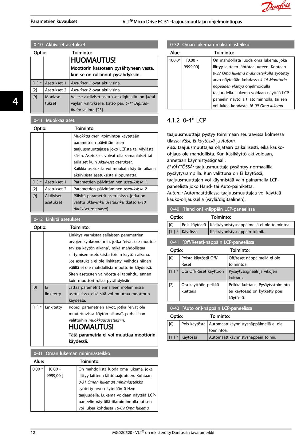 Asetukset voivat olla samanlaiset tai erilaiset kuin Aktiiviset asetukset. Kaikkia asetuksia voi muokata käytön aikana aktiivisista asetuksista riippumatta.