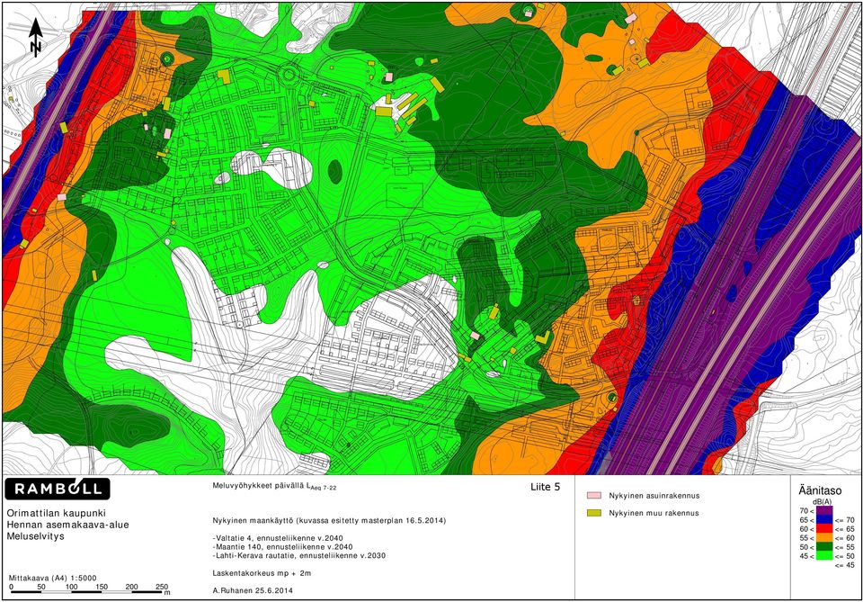 EtelÃ rinne I Uusitalo E Rousku LTYNTÃ PYSÃ KÃ INTI YHT 92 ap Orakas Orimattilan kaupunki Hennan asemakaava-alue Meluselvitys Mittakaava (A4) 1:5000 0 50 100 150 200 250 m Meluvyöhykkeet päivällä L