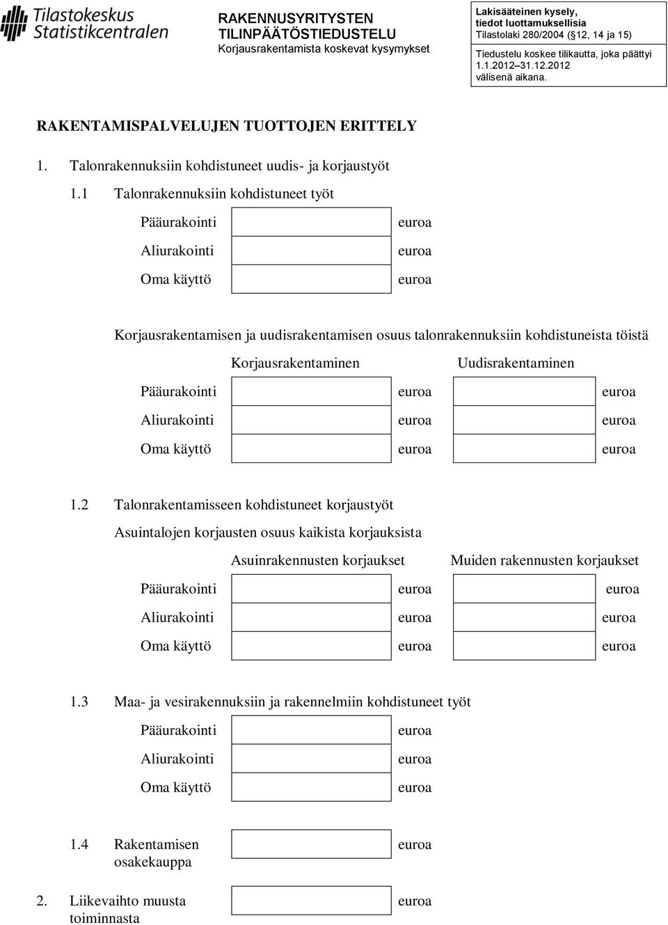 1 Talonrakennuksiin kohdistuneet työt Korjausrakentamisen ja uudisrakentamisen osuus talonrakennuksiin kohdistuneista töistä Korjausrakentaminen Uudisrakentaminen 1.