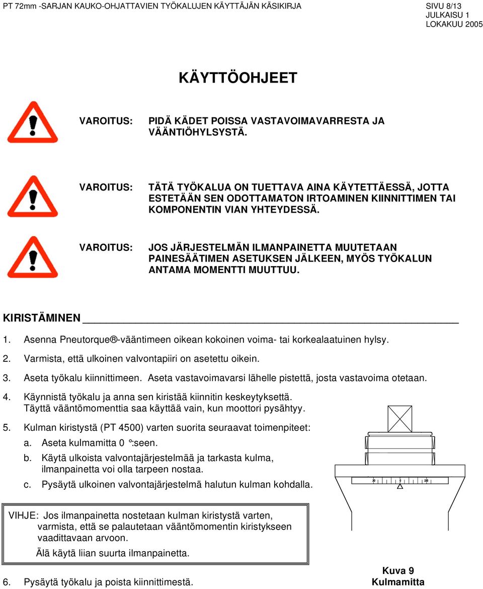 JOS JÄRJESTELMÄN ILMANPAINETTA MUUTETAAN PAINESÄÄTIMEN ASETUKSEN JÄLKEEN, MYÖS TYÖKALUN ANTAMA MOMENTTI MUUTTUU. KIRISTÄMINEN 1.