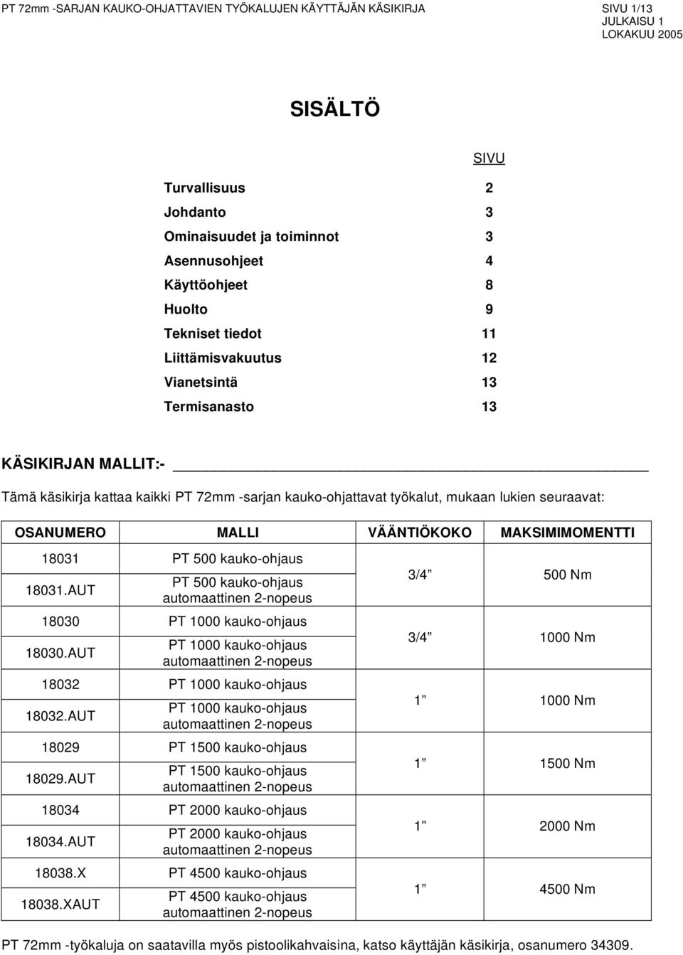 MAKSIMIMOMENTTI 18031 PT 500 kauko-ohjaus PT 500 kauko-ohjaus 18031.AUT automaattinen 2-nopeus 18030 PT 1000 kauko-ohjaus 18030.