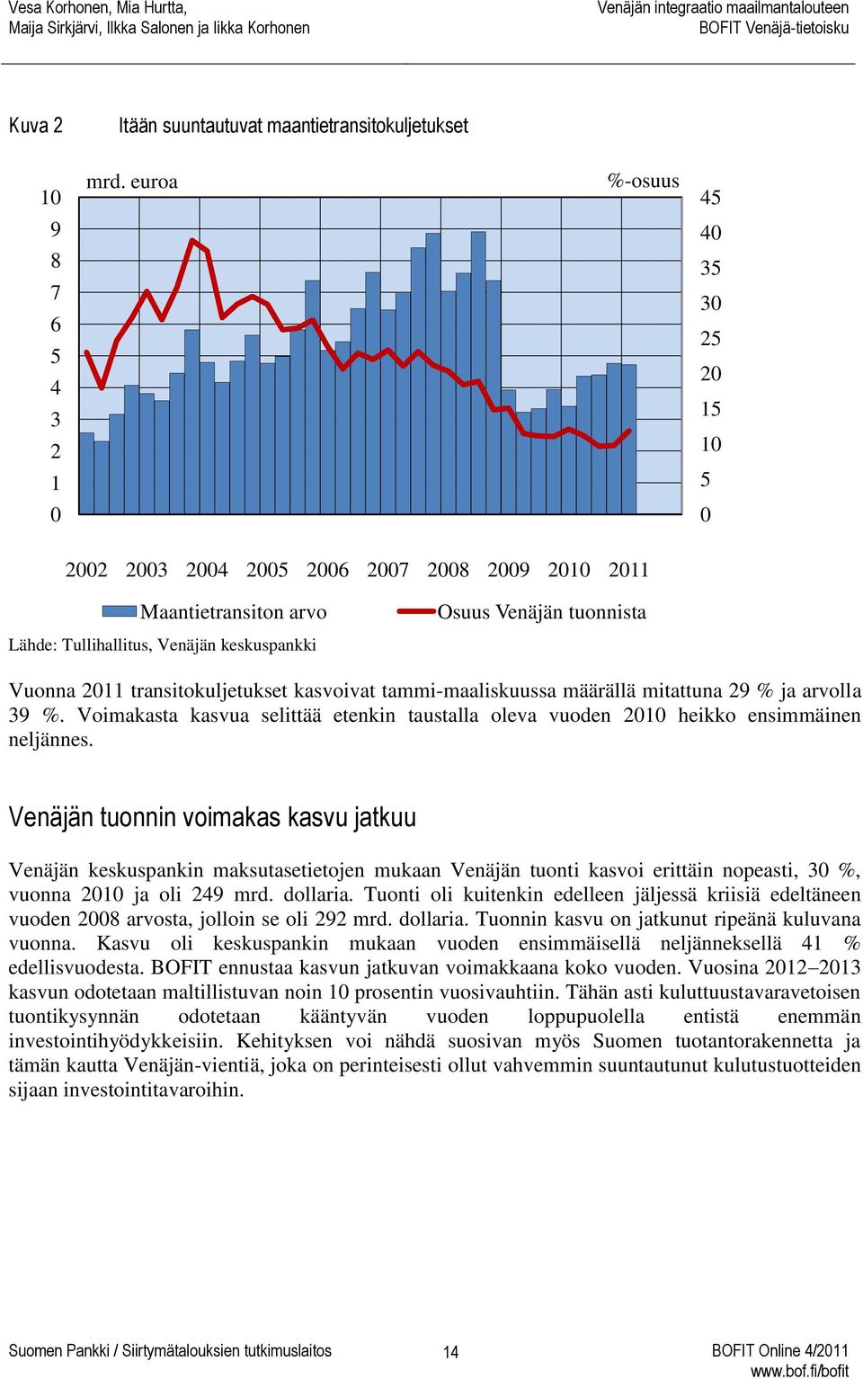 tuonnista Vuonna 2011 transitokuljetukset kasvoivat tammi-maaliskuussa määrällä mitattuna 29 % ja arvolla 39 %.
