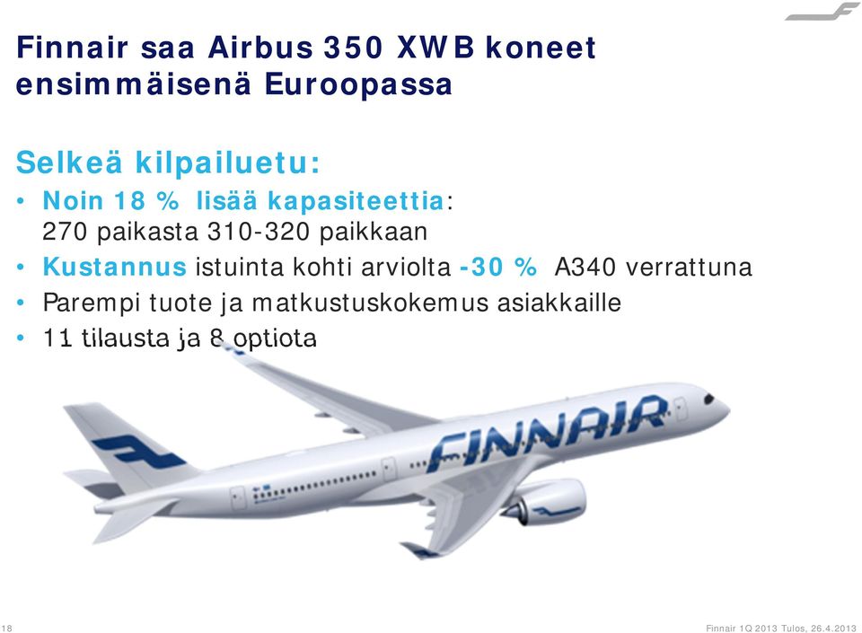 paikkaan Kustannus istuinta kohti arviolta -30 % A340 verrattuna