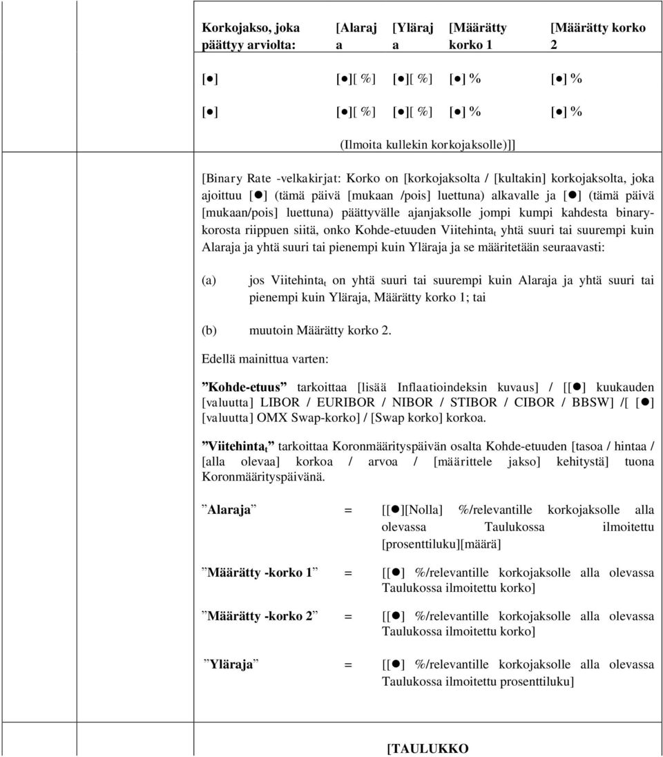 ajanjaksolle jompi kumpi kahdesta binarykorosta riippuen siitä, onko Kohde-etuuden Viitehinta t yhtä suuri tai suurempi kuin Alaraja ja yhtä suuri tai pienempi kuin Yläraja ja se määritetään