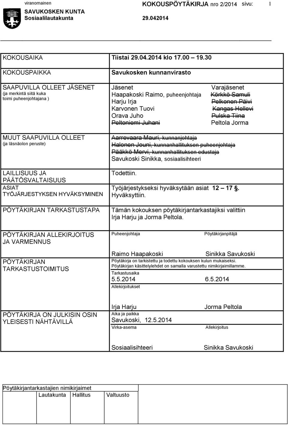 Peltoniemi Juhani Varajäsenet Körkkö Samuli Pelkonen Päivi Kangas Hellevi Pulska Tiina Peltola Jorma MUUT SAAPUVILLA OLLEET (ja läsnäolon peruste) LAILLISUUS JA PÄÄTÖSVALTAISUUS ASIAT TYÖJÄRJESTYKSEN